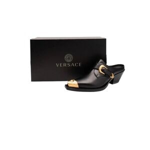 Versace Black Gold‎ Leather Mules Heels Medusa  Bucklel Women's 39.5 EU New